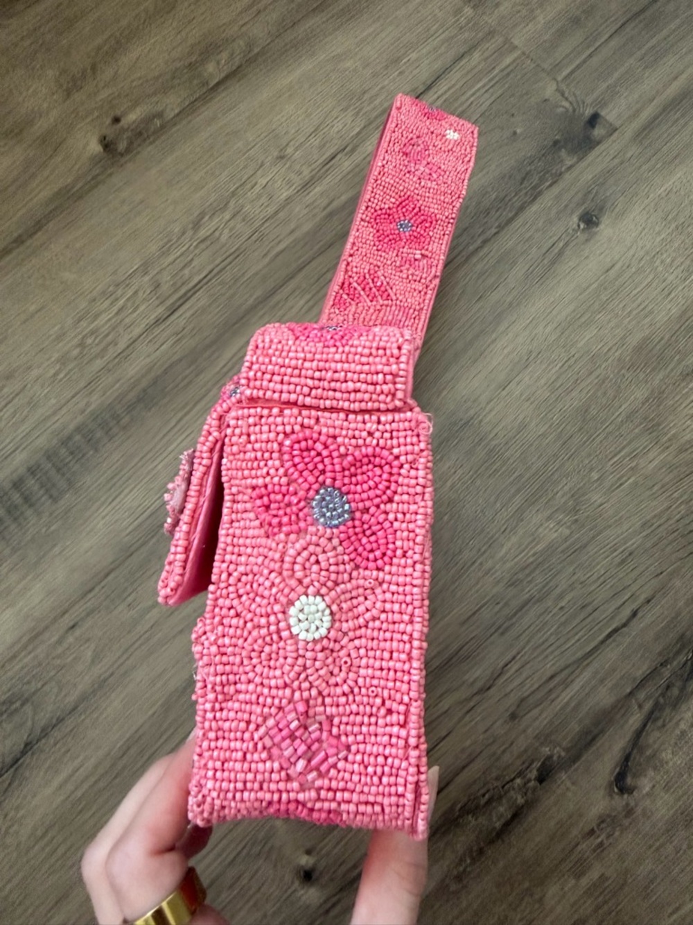 Pink Beaded Floral Shoulder Bag with Wide Strap - Picture 4 of 9